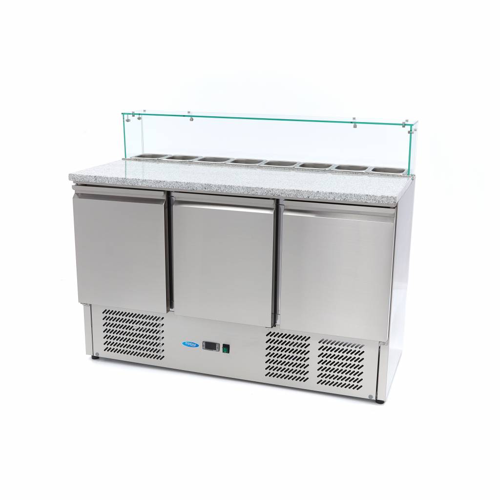 Réfrigérateur pour la préparation des pizzas - 137 cm - 3 portes - s'adapte à 8 x 1/6 GN - incl couvercle en verre